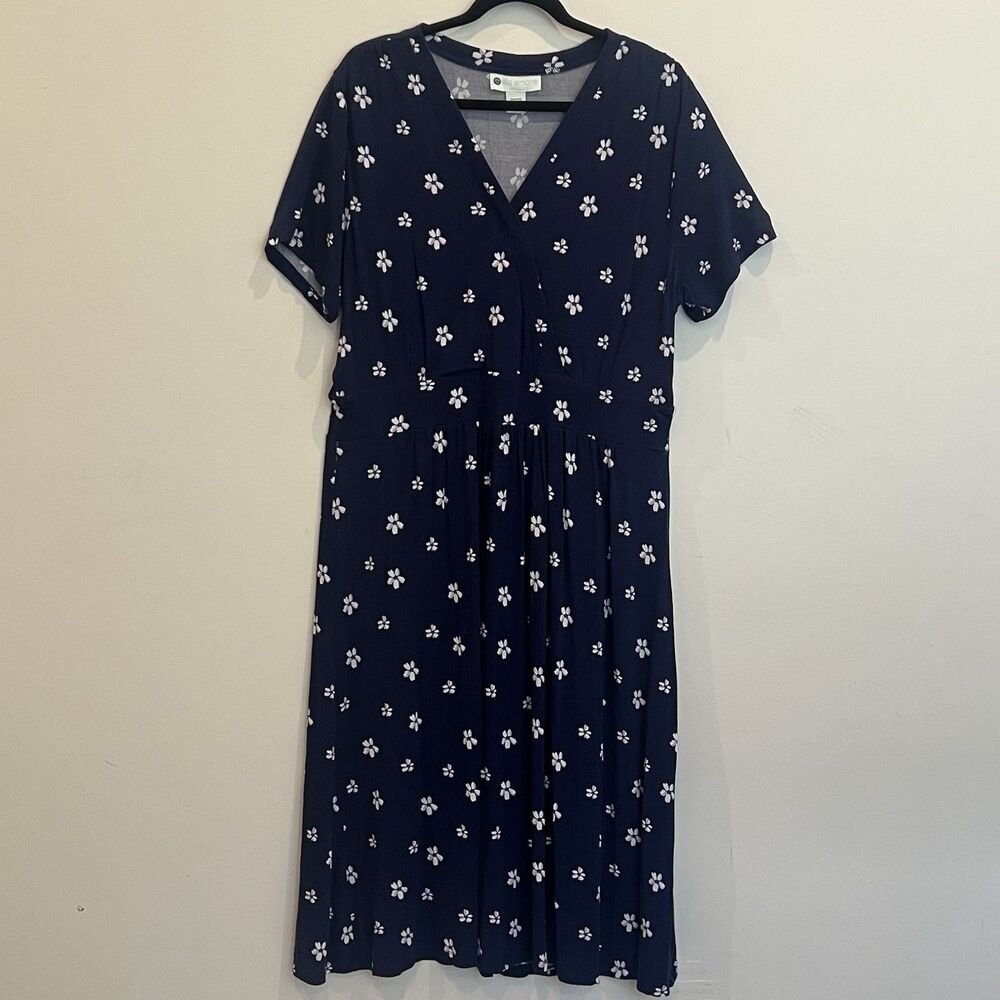 Ella Simone Midi Dress Navy Blue Floral Short Sleeve Rayon Spandex V-Neck XL